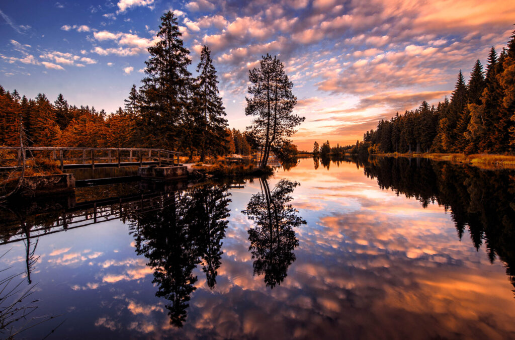 Ruhiger See mit spiegelnder Wasseroberfläche, umgeben von Wald. Bäume und Wolken spiegeln sich im Wasser, links ein kleiner Steg. Abendhimmel über dem Fichtelsee.