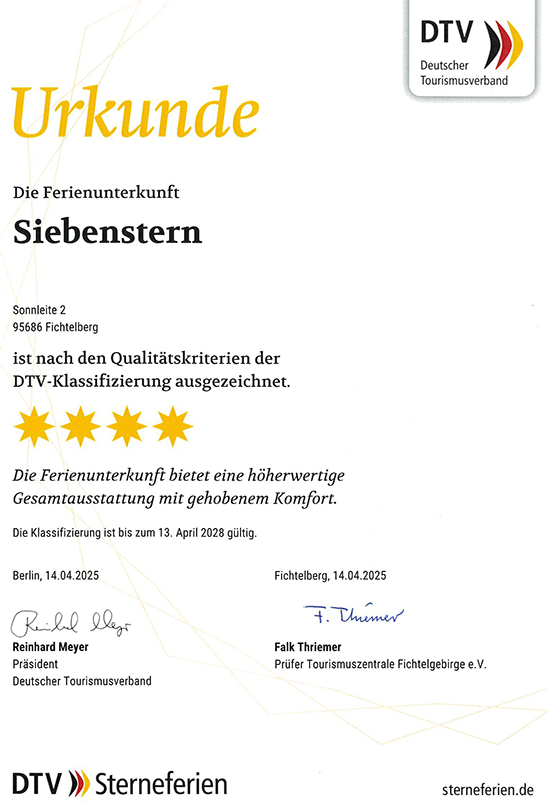 Urkunde des Deutschen Tourismusverbands zur DTV-Klassifizierung der Ferienwohnung Siebenstern mit vier Sternen für geprüfte Qualität.
